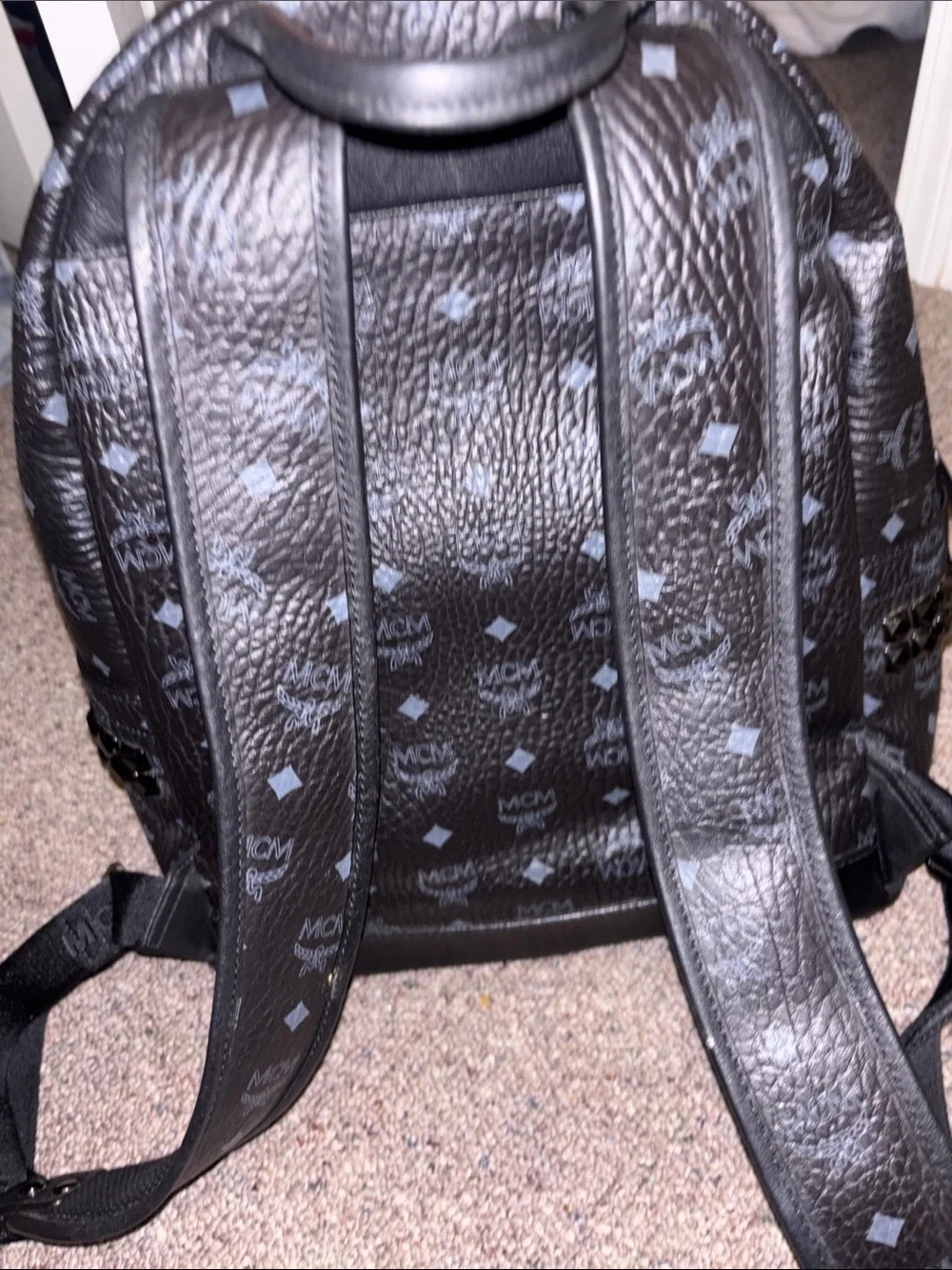 MCM Black Monogram Leather Backpack with Silver Plate